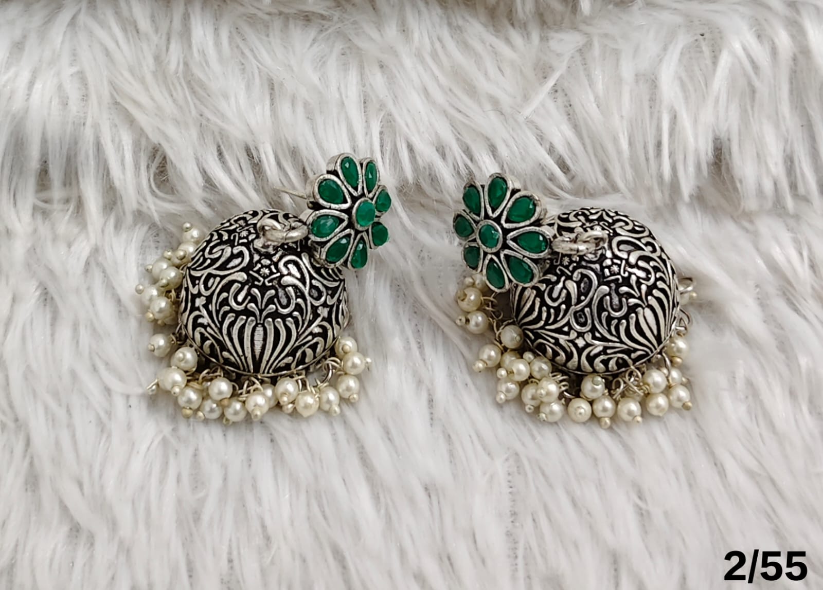 Floral Stud Oxidized Jhumka Earrings with Pearl Detailing